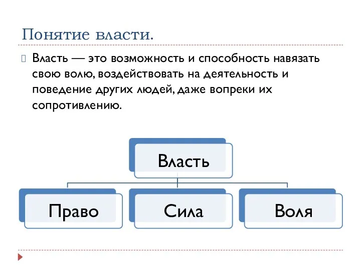 Понятие власти. Власть — это возможность и способность навязать свою волю, воздействовать