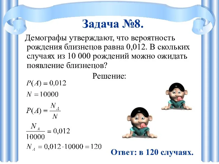 Демографы утверждают, что вероятность рождения близнецов равна 0,012. В скольких случаях из