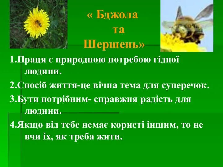 « Бджола та Шершень» 1.Праця є природною потребою гідної людини. 2.Спосіб життя-це