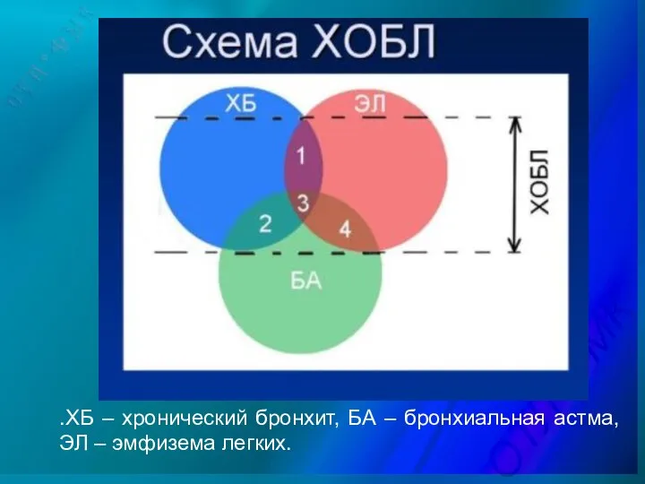 .ХБ – хронический бронхит, БА – бронхиальная астма, ЭЛ – эмфизема легких.