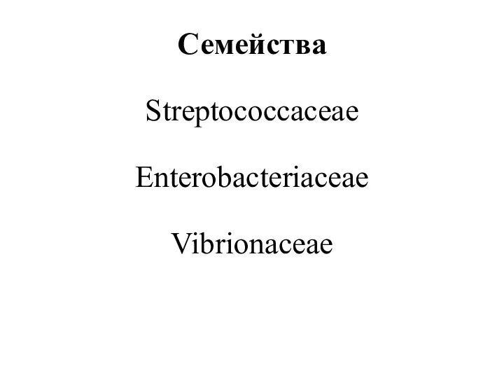 Семейства Streptococcaceae Enterobacteriaceae Vibrionaceae
