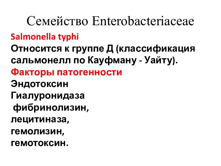 Семейство Enterobacteriaceae Salmonella typhi Относится к группе Д (классификация сальмонелл по Кауфману