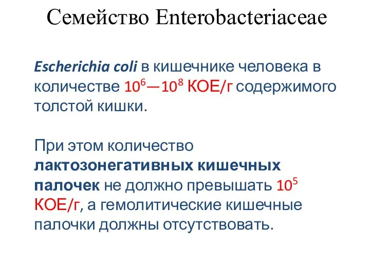 Семейство Enterobacteriaceae Escherichia coli в кишечнике человека в количестве 106—108 КОЕ/г содержимого