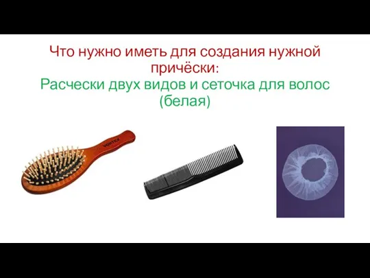 Что нужно иметь для создания нужной причёски: Расчески двух видов и сеточка для волос (белая)