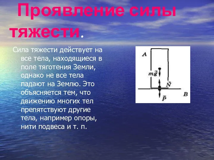 Проявление силы тяжести. Сила тяжести действует на все тела, находящиеся в поле