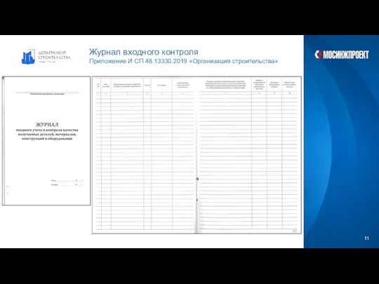 Журнал входного контроля Приложение И СП 48.13330.2019 «Организация строительства»