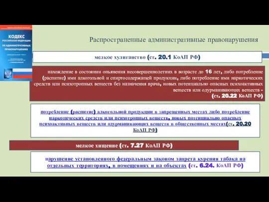 Распространенные административные правонарушения мелкое хулиганство (ст. 20.1 КоАП РФ) нахождение в состоянии
