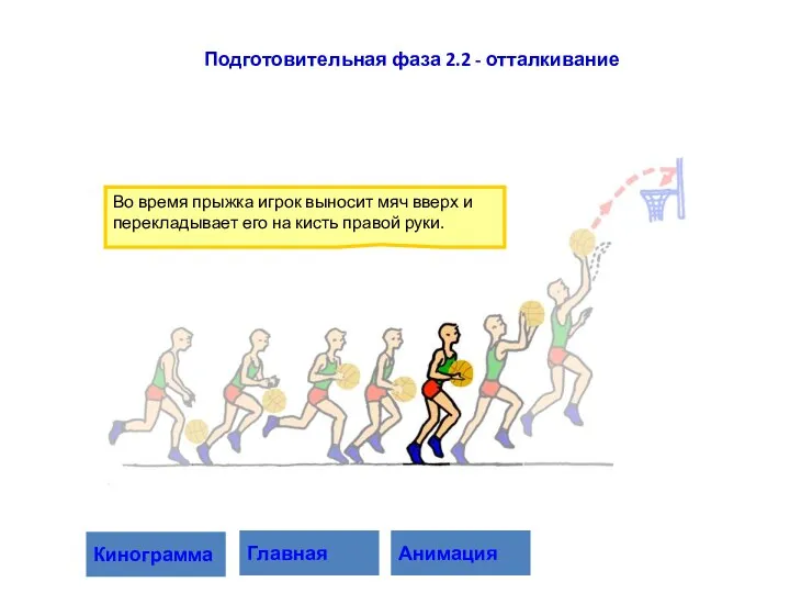 Во время прыжка игрок выносит мяч вверх и перекладывает его на кисть