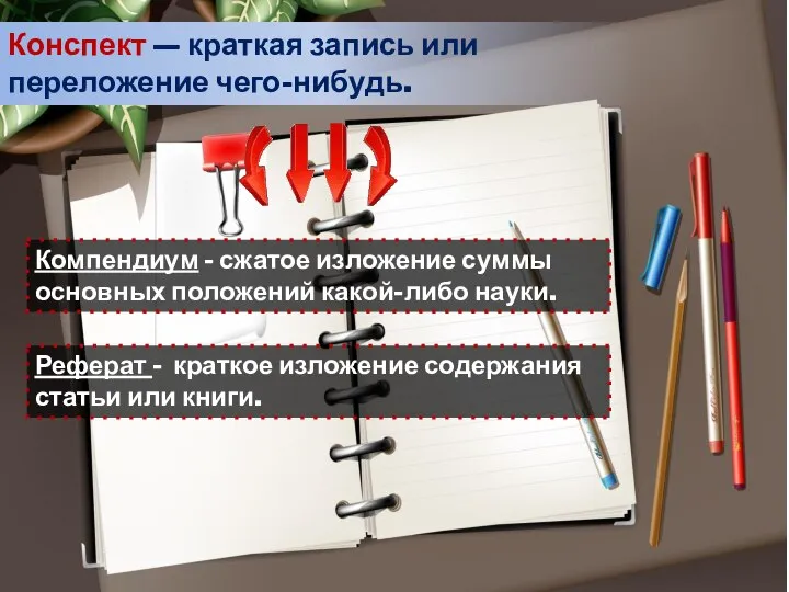 Конспект — краткая запись или переложение чего-нибудь. Компендиум - сжатое изложение суммы