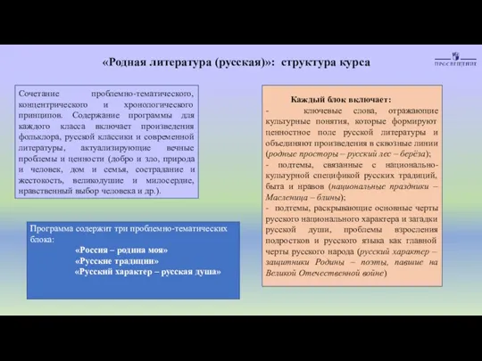 «Родная литература (русская)»: структура курса Сочетание проблемно-тематического, концентрического и хронологического принципов. Содержание