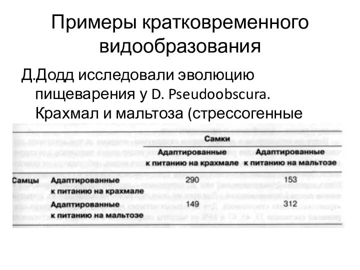 Примеры кратковременного видообразования Д.Додд исследовали эволюцию пищеварения у D. Pseudoobscura. Крахмал и мальтоза (стрессогенные среды)