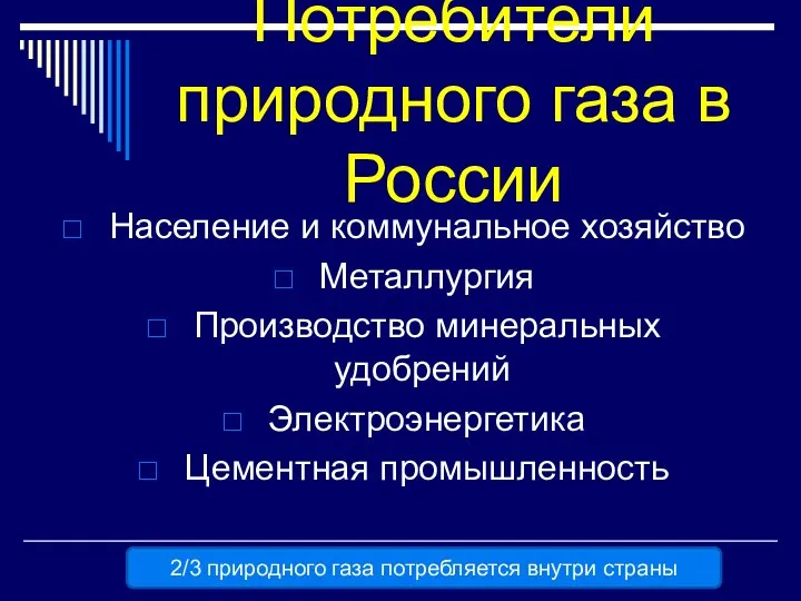 Потребители природного газа в России Население и коммунальное хозяйство Металлургия Производство минеральных