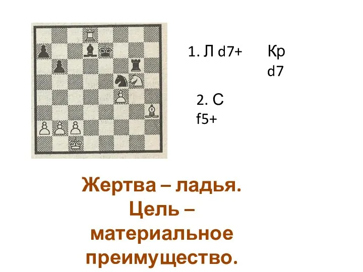 1. Л d7+ Кр d7 2. С f5+ Жертва – ладья. Цель – материальное преимущество.