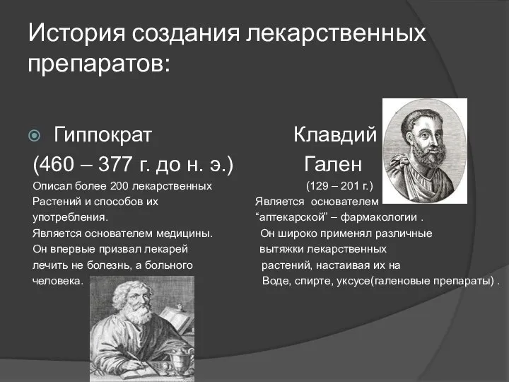 История создания лекарственных препаратов: Гиппократ Клавдий (460 – 377 г. до н.