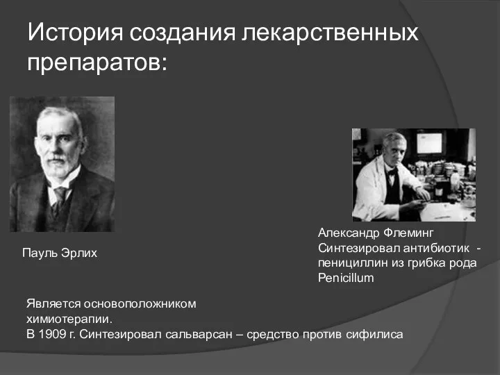 История создания лекарственных препаратов: Пауль Эрлих Александр Флеминг Синтезировал антибиотик - пенициллин