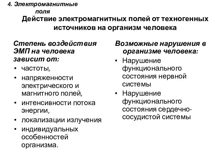 Степень воздействия ЭМП на человека зависит от: частоты, напряженности электрического и магнитного