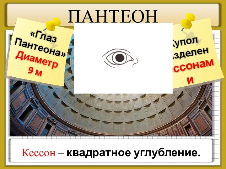 ПАНТЕОН Купол разделен кессонами Кессон – квадратное углубление. «Глаз Пантеона» Диаметр 9 м