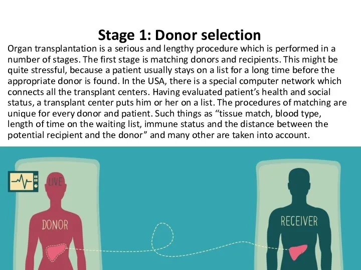 Operation Stage 1: Donor selection Organ transplantation is a serious and lengthy
