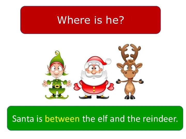 Where is he? Santa is between the elf and the reindeer.