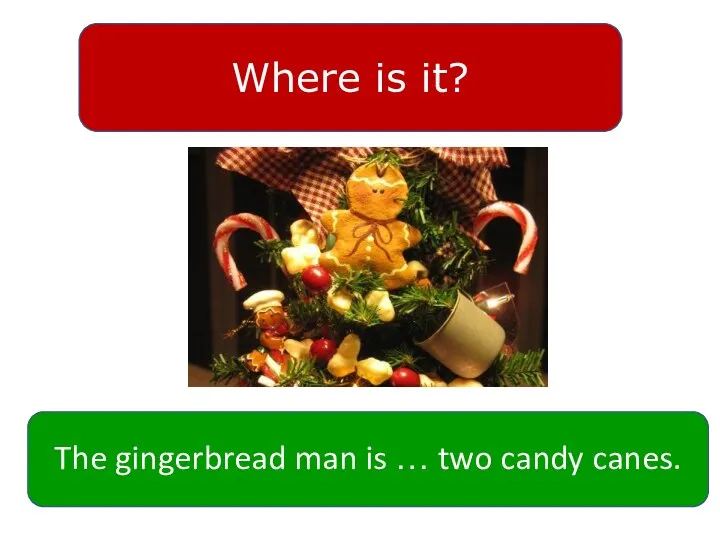 Where is it? The gingerbread man is … two candy canes.