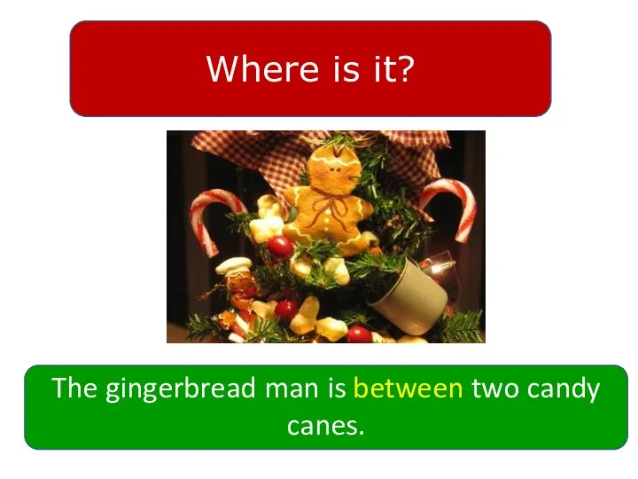 Where is it? The gingerbread man is between two candy canes.