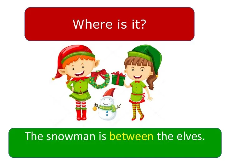 The snowman is between the elves. Where is it?