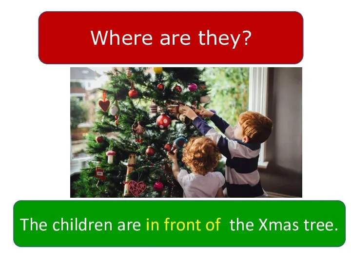 Where are they? The children are in front of the Xmas tree.