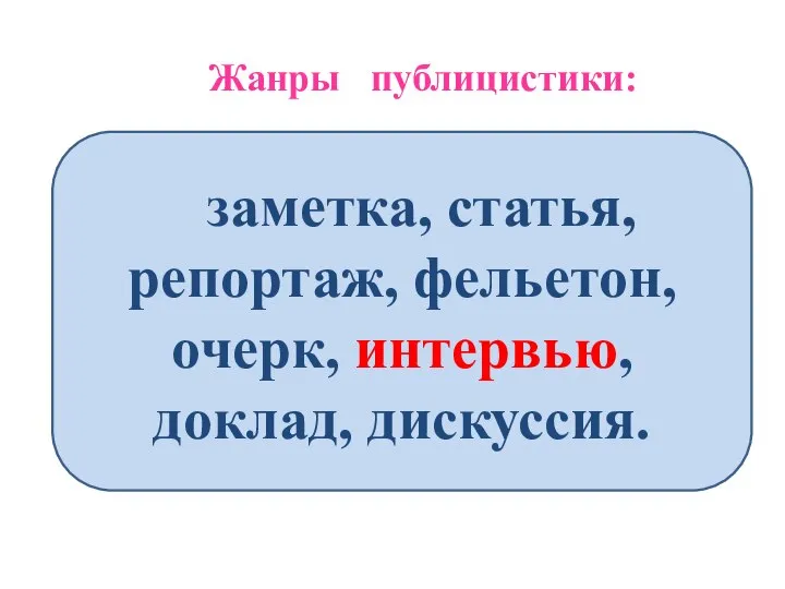 Жанры публицистики: заметка, статья, репортаж, фельетон, очерк, интервью, доклад, дискуссия.