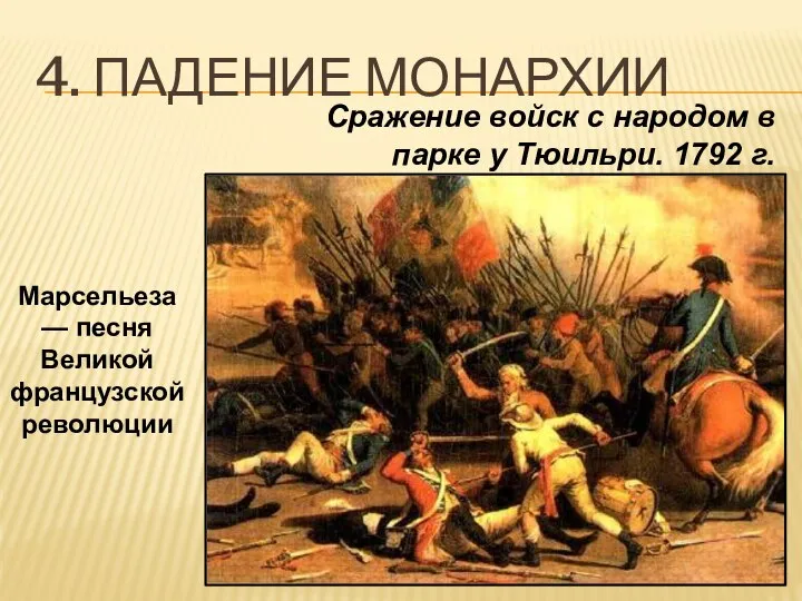 4. ПАДЕНИЕ МОНАРХИИ Сражение войск с народом в парке у Тюильри. 1792