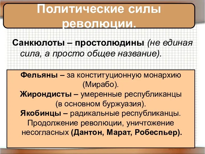 Санкюлоты – простолюдины (не единая сила, а просто общее название). Политические силы