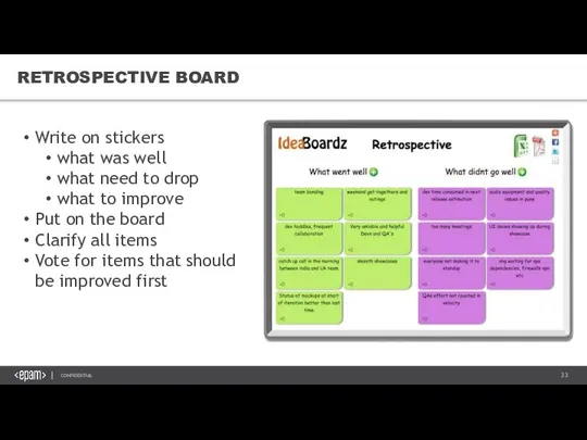 RETROSPECTIVE BOARD Write on stickers what was well what need to drop