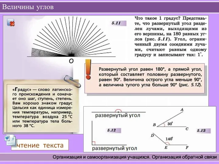 Величины углов Организация и самоорганизация учащихся. Организация обратной связи Самой распространенной единицей