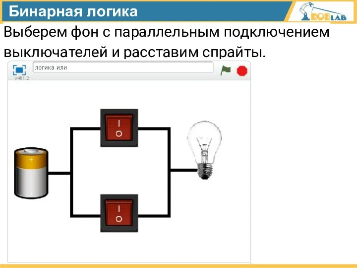 Бинарная логика Выберем фон с параллельным подключением выключателей и расставим спрайты.