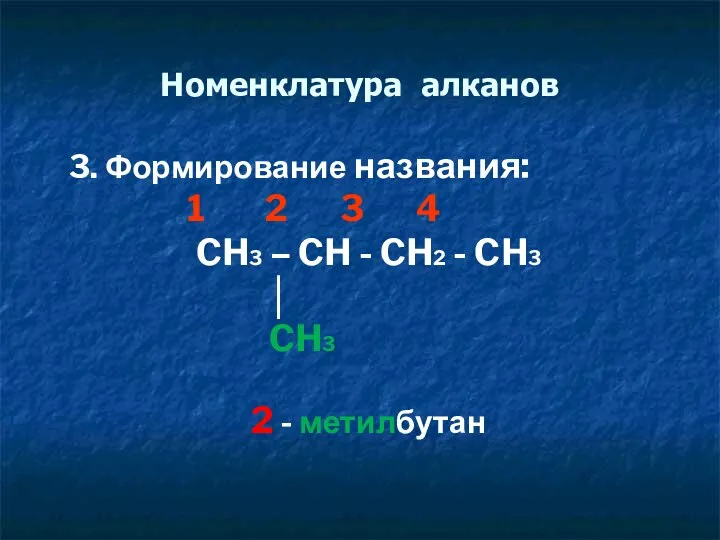 Номенклатура алканов 3. Формирование названия: 1 2 3 4 CH3 – CH