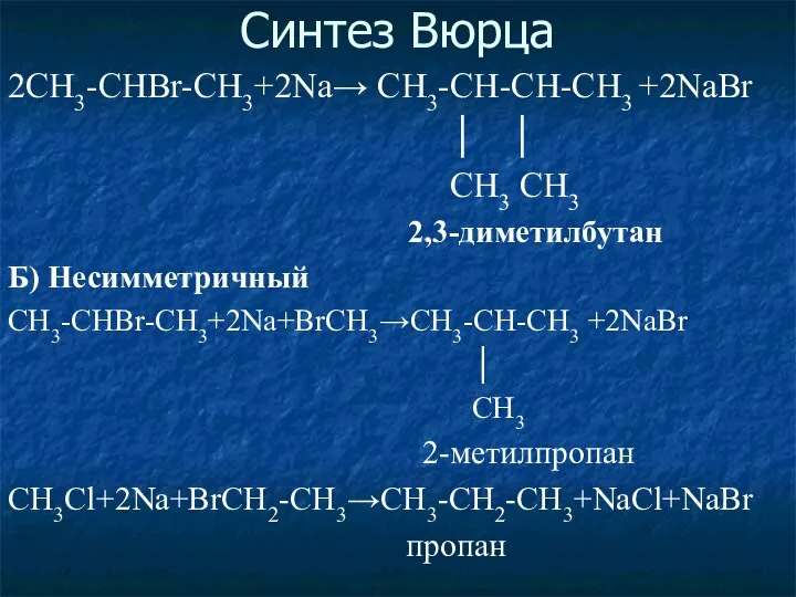Синтез Вюрца 2CH3-СHBr-CH3+2Na→ CH3-CH-CH-CH3 +2NaBr │ │ CH3 CH3 2,3-диметилбутан Б) Несимметричный