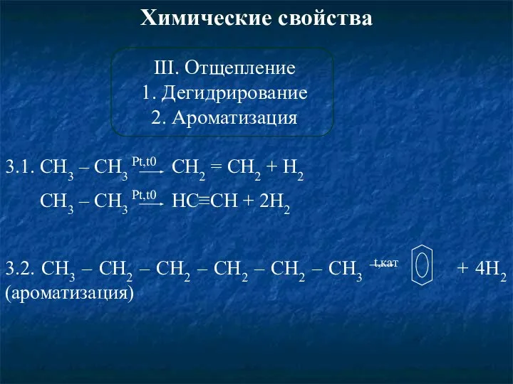 III. Отщепление 1. Дегидрирование 2. Ароматизация Химические свойства 3.1. CH3 – CH3