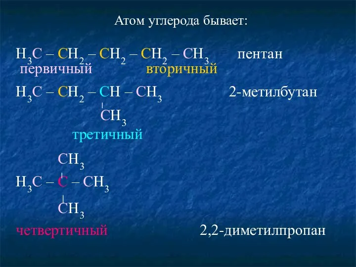 H3C – CH2 – CH2 – CH2 – CH3 пентан первичный вторичный