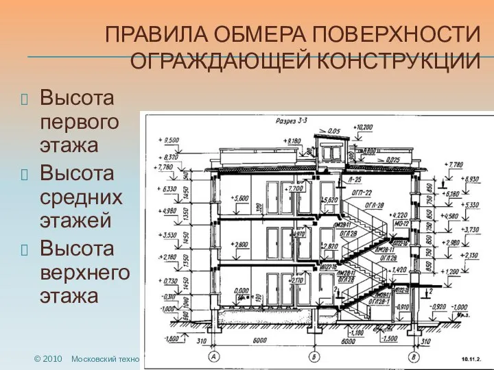 ПРАВИЛА ОБМЕРА ПОВЕРХНОСТИ ОГРАЖДАЮЩЕЙ КОНСТРУКЦИИ Высота первого этажа Высота средних этажей Высота