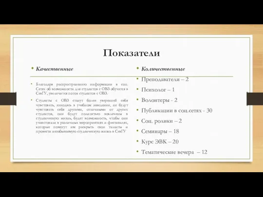 Показатели Качественные Благодаря распространению информации в соц. Сетях об возможности для студентов