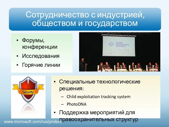 Сотрудничество с индустрией, обществом и государством www.microsoft.com/rus/protect Форумы, конференции Исследования Горячие линии
