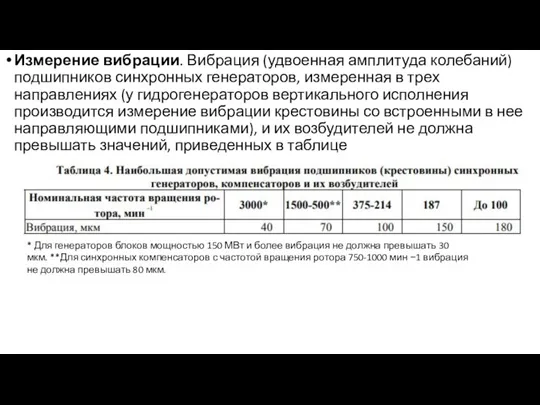 Измерение вибрации. Вибрация (удвоенная амплитуда колебаний) подшипников синхронных генераторов, измеренная в трех