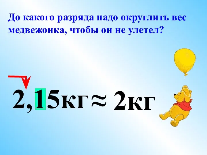 До какого разряда надо округлить вес медвежонка, чтобы он не улетел? 2,15кг ≈ 2кг