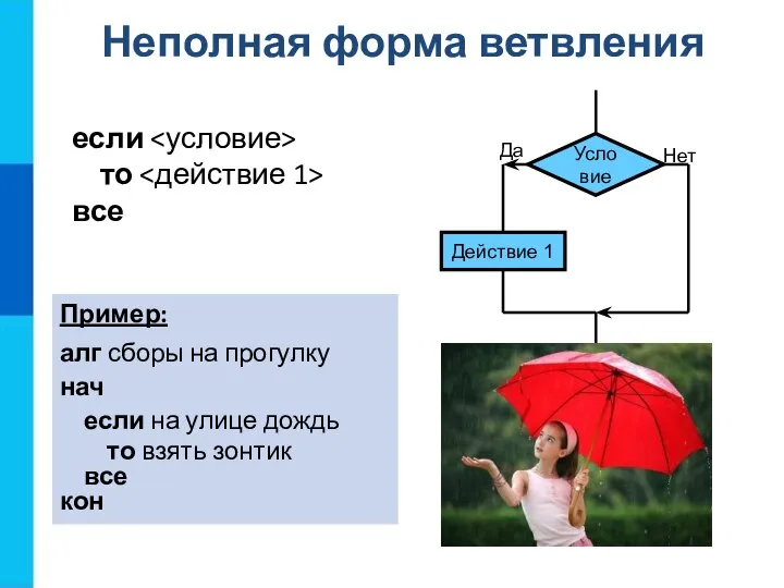 Неполная форма ветвления если то все Пример: алг сборы на прогулку нач