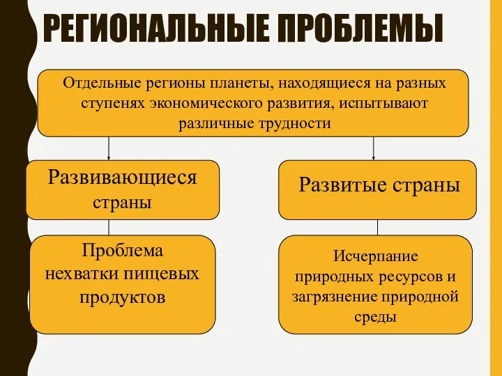 РЕГИОНАЛЬНЫЕ ПРОБЛЕМЫ Отдельные регионы планеты, находящиеся на разных ступенях экономического развития, испытывают