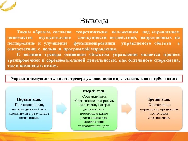 Выводы Таким образом, согласно теоретическим положениям под управлением понимается осуществление совокупности воздействий,