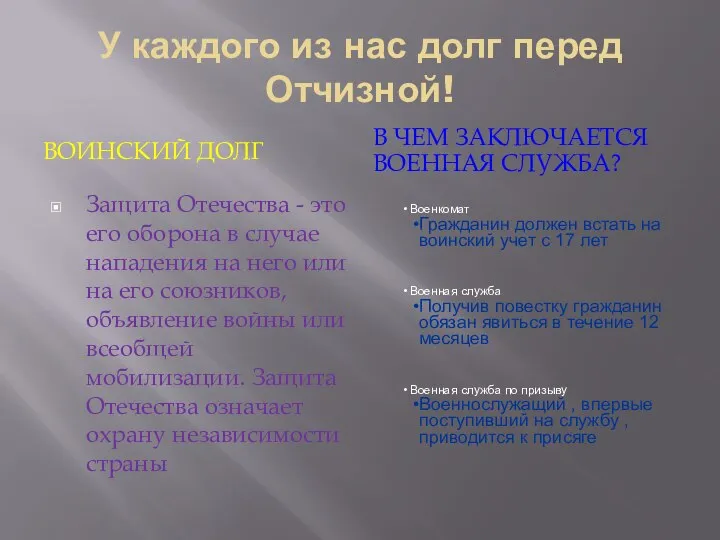 У каждого из нас долг перед Отчизной! ВОИНСКИЙ ДОЛГ В ЧЕМ ЗАКЛЮЧАЕТСЯ