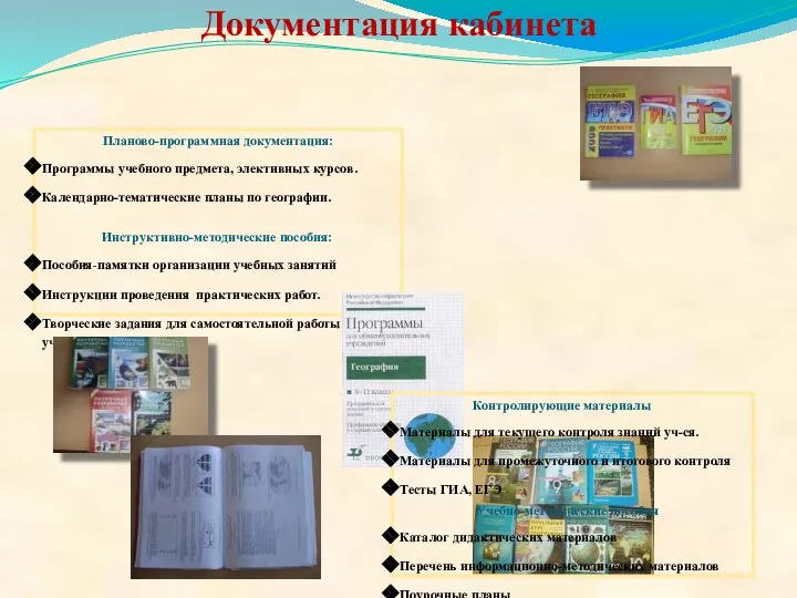 Документация кабинета Планово-программная документация: Программы учебного предмета, элективных курсов. Календарно-тематические планы по