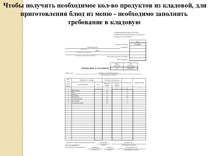 Чтобы получить необходимое кол-во продуктов из кладовой, для приготовления блюд из меню