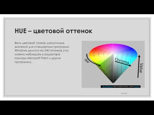 HUE – цветовой оттенок Весь цветовой спектр допустимых значений для стандартных программ