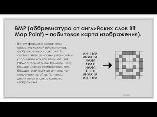 BMP (аббревиатура от английских слов Bit Map Point) – побитовая карта изображения).